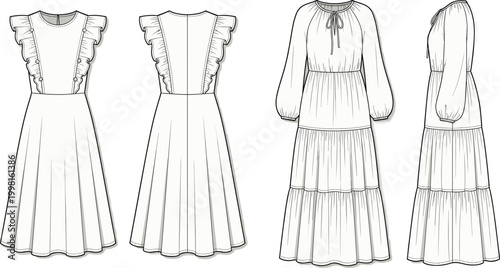 Fotografi Fashion Technical Sketch of Women's Ruffle Sleeve Button Detail Midi Dress and L