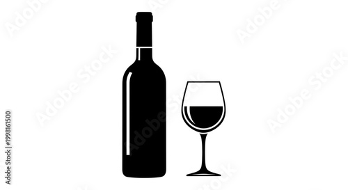 Black wine bottle with glass on white background, minimalist drink alcohol