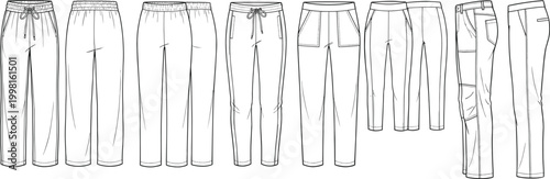 Set of technical fashion flat sketches of various women and men joggers trousers sweatpants and cargo pants for apparel design