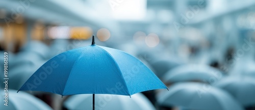 Blue umbrella stands out amidst a crowd of blurred white umbrellas