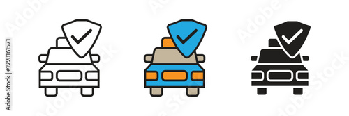 Car with Verified Shield. Car icon combined with a checkmark shield symbol representing verified vehicle safety, certified transport services, and automotive insurance approval systems.