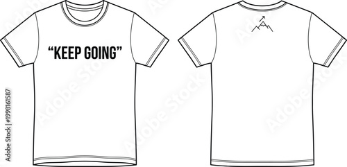 White T-shirt Vector Mockup Front and Back View Featuring Keep Going Quote and Mountain Peak Icon for Active Lifestyle Apparel Design
