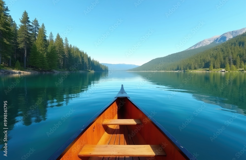 Obraz premium Wooden canoe glides on tranquil blue lake water. Tall pine forest lines the shore leading to distant mountains under clear sky. Peaceful nature journey.