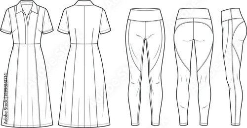 Women's Fashion Technical Illustration Featuring a Short Sleeve Midi Dress and High Waisted Yoga Leggings Front Back and Side Views