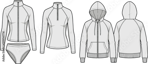 Women's Athletic Long Sleeve Tops and Outerwear Technical Fashion Sketches with Front and Back Views Vector Design
