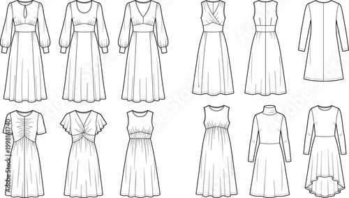 Women's Fashion Technical Sketch Mega Pack of Empire Waist Long Sleeve Sleeveless and Short Sleeve Summer Midi Dress Vector Illustrations