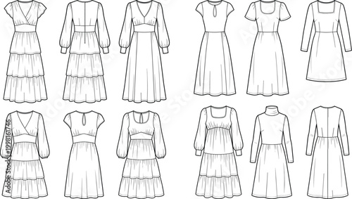 Women's Fashion Technical Sketch Mega Pack Featuring Empire Waist Tiered Maxi Dresses and Long Sleeve Summer Midi Dress Vector Illustrations