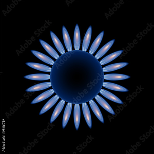 A kitchen stove gas burner flame. The gas burner is on a dark background. Sketch for use in creative work.