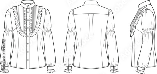 Women's Fashion Technical Sketch of Ruffle Front Victorian Style Blouse and Long Sleeve Floral Embroidered Midi Dress with Belt Illustrations