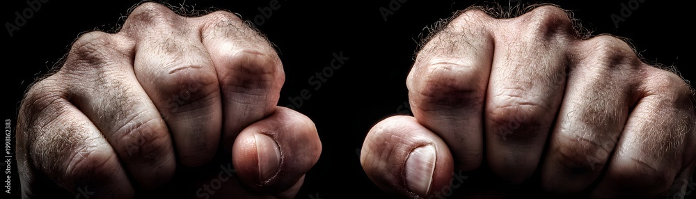 Naklejka premium A powerful close-up of two tightly clenched fists, symbolizing strength, determination, and readiness for competition. The strong hand detail conveys an intense sense of focus.