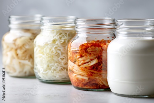Assortment of fermented foods in glass jars including kimchi, sauerkraut, and kefir. Probiotic-rich products for gut health and a healthy diet