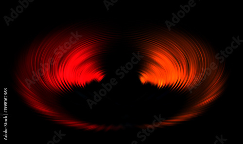 Abstract background consisting of a pattern of diverging color fields in red to orange against a black background.