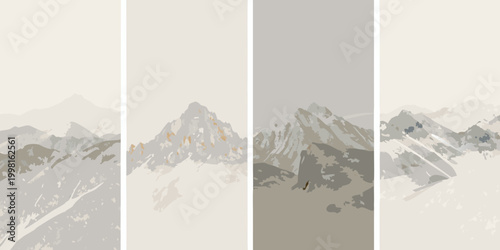 mountain range illustration four vertical panels muted color palette