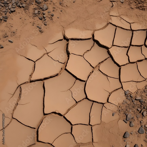 Close-up texture of cracked dry desert earth with deep fissures and terracotta soil, overhead top view, climate change concept