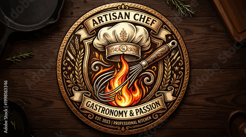 Professional Gastronomy Emblem with Chef Hat and Whisk for Gourmet Cooking and Culinary Passion