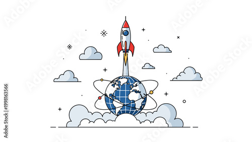 Rocket ship launching directly from a globe surrounded by orbiting satellites in a clean line art illustration style.