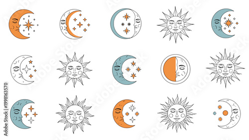 Large collection of mystical celestial sun and moon face icons in various styles and colors for astrology and spiritual design.