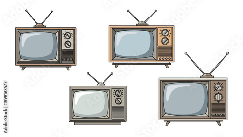Set of four different retro vintage television sets with antennas in a classic pixel art or retro illustration style.