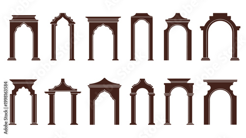 Collection of architectural arch designs and entrance frames presented in brown silhouettes for design and decoration purposes.