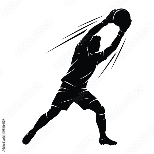 Soccer Goalkeeper Making a High Catch Save Silhouette, Professional Football Goalie Defense Action Vector for Sports Branding, Tournament Posters and Athletic Graphic Assets