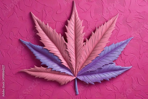 Colorful Cannabis Leaf Illustration with Layered Paper Cut Style on Pink Background