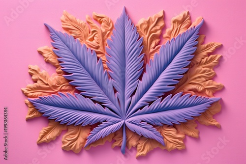 Colorful Cannabis Leaf Illustration with Layered Paper Cut Style on Pink Background