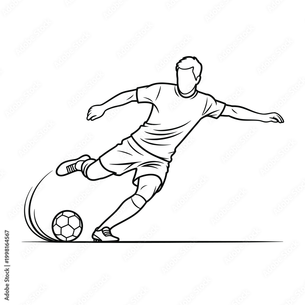 Fototapeta premium Soccer Player Performing a Dynamic Kick Action, Minimalist Line Art Vector Illustration of Football Athlete Movement for Sports Branding, Coaching Manuals and Athletic Graphic Design