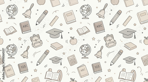 Seamless educational icons pattern with pastel stationery.