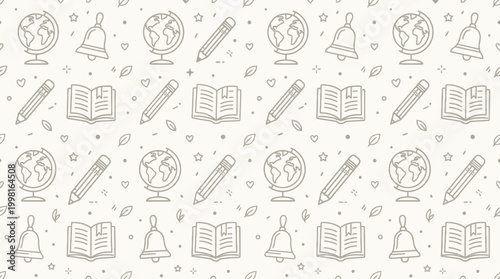 Seamless educational line icon pattern with books pencils and globes.