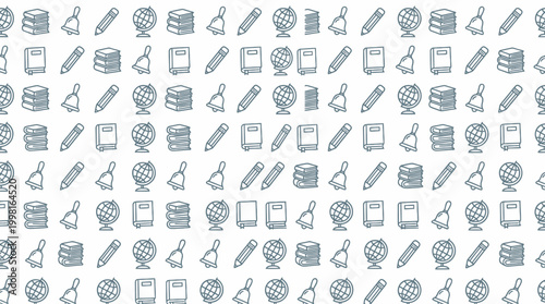 Seamless educational stationery icon pattern in blue outline.