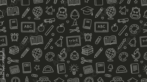 Hand-drawn school supplies seamless chalkboard pattern background.