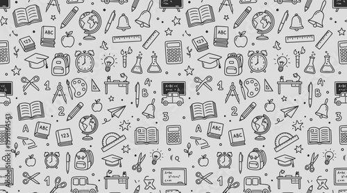 Seamless monochrome education icons pattern with school supplies.