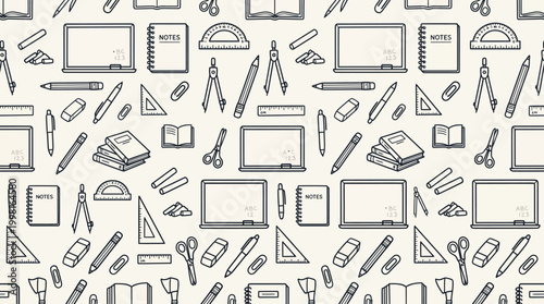 Seamless hand-drawn stationery and drawing tools pattern in neutral tones.