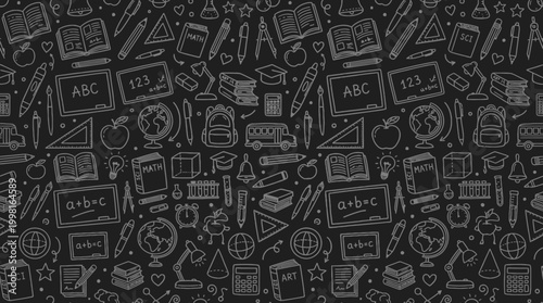 Hand-drawn school icons pattern on chalkboard background.