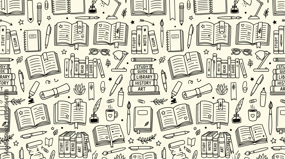Fototapeta premium Hand drawn seamless school supplies pattern background.