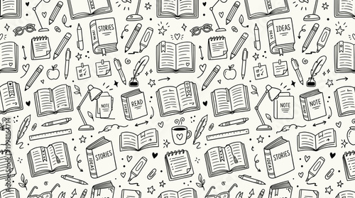 Hand-drawn seamless school supplies doodle pattern background for education designs.