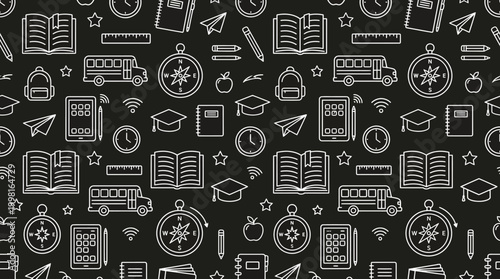 Seamless monochrome education icon pattern with books and school symbols and scientific elements.