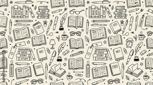Hand-drawn seamless stationery pattern with books, pens and school supplies.