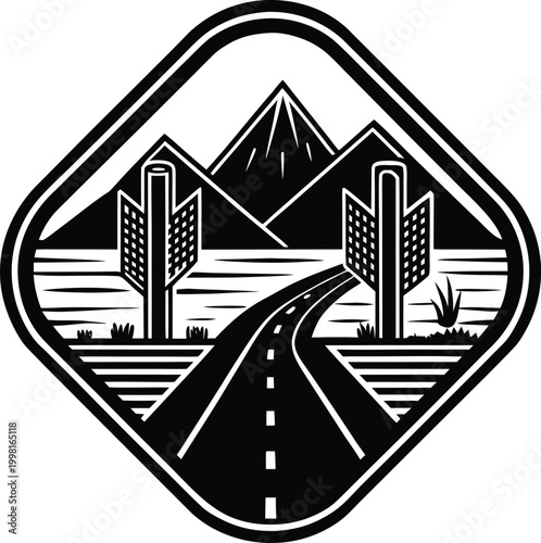 Black and white road sign with mountain landscape