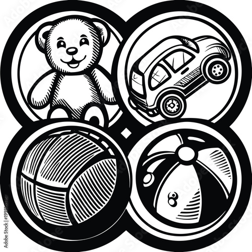 Black and white illustration of baby icons