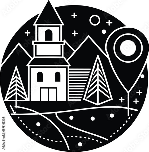 Black and white church in a snowy night landscape