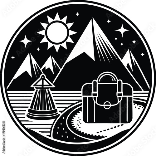 Black and white travel icon with mountains and suitcase