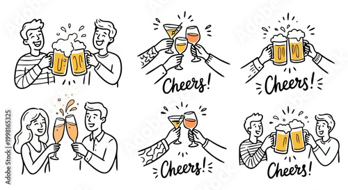 Cheers Celebration Illustration Set with People Toasting Beer Wine and Champagne Glasses Hand Drawn