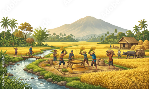 Rice Processing Activities on the Riverbank with a Mountain Background