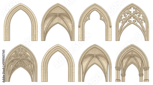 Bilde på lerret "Collection of eight Gothic architectural arch illustrations featuring pointed a