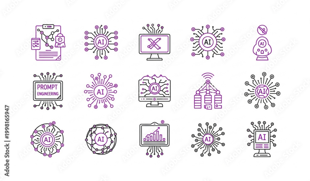 Obraz premium Modern AI outline icons including prompt engineering automation and data processing symbols vector