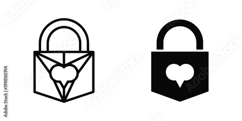 Black and white padlock icons with a heart shape design for romance and security concepts