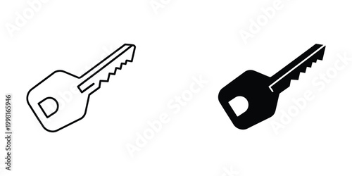 Black and outline door key icons set for security and access concepts