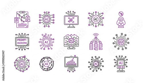 Modern AI outline icons including prompt engineering automation and data processing symbols vector