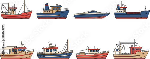 Color boat icon set, fishing yacht cargo patrol vessels, maritime illustration, nautical ship graphics, water transport symbol, vessel design grid